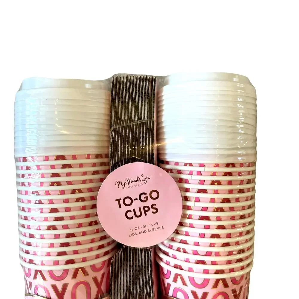 30pc Valentines Day XOXO To-Go Cups 16oz Disposable Pink & Red NEW